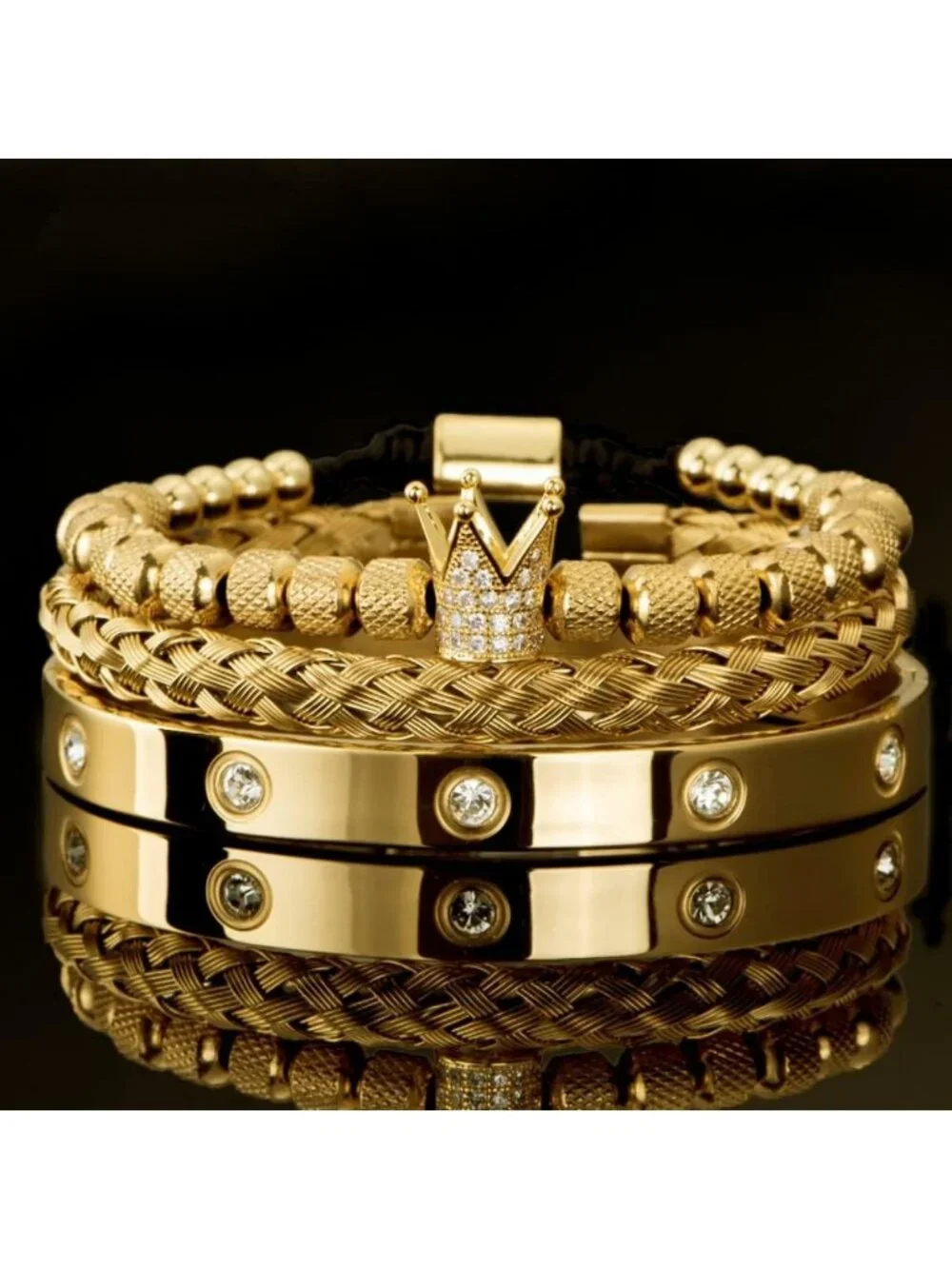 3PCS Adjustable Gold Stainless Steel Crown Bracelets for Men - Luxury Roman